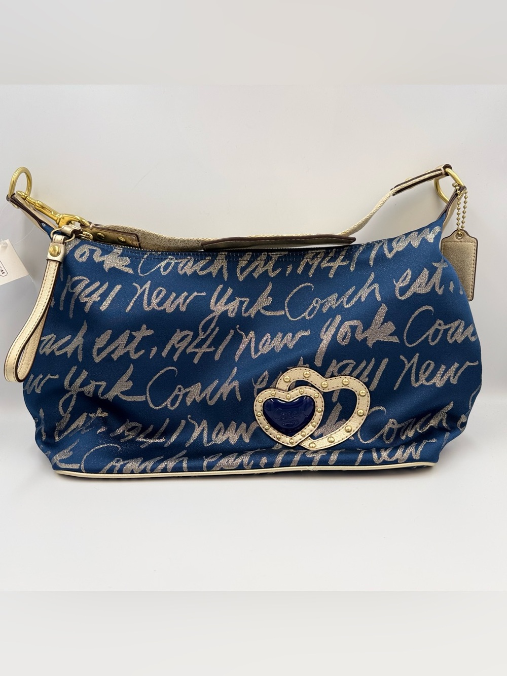 Coach Poppy Script Lurex Navy Gold Double Heart Hobo Bag F17472 NWT